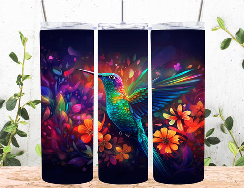 Rainbow Neon Flower Hummingbird 20oz Skinny Tumbler